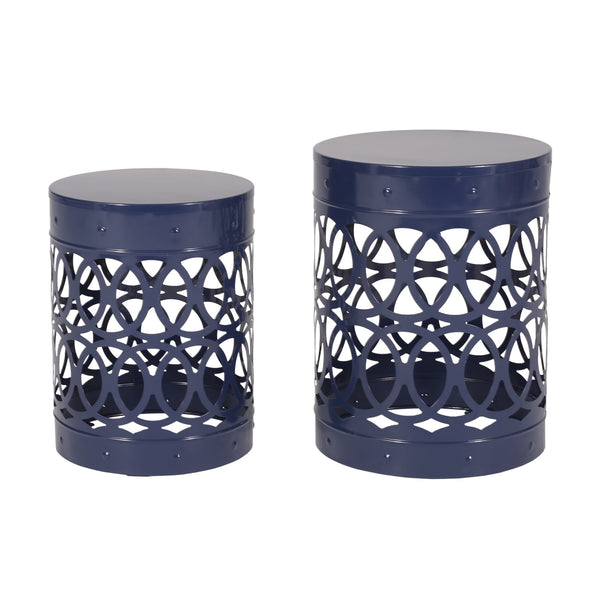 English Elm Outdoor Powder-coated Iron Nesting Accent Tables Set of 2 Laser-cut Circle Design Navy Blue 73606.00NBLU
