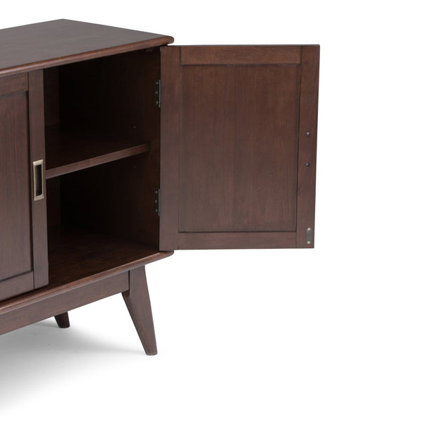 English Elm Draper Mid Century Low Storage Cabinet in Medium Auburn Brown - Solid Rubberwood, Brass Accents, Versatile Stylish Storage B136P158151