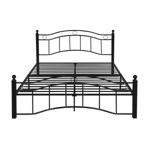 English Elm Queen Iron Platform Bed Camelback Headboard Geometric Finial Posts Victorian Loft Style Black 63298.00FBLK-Q