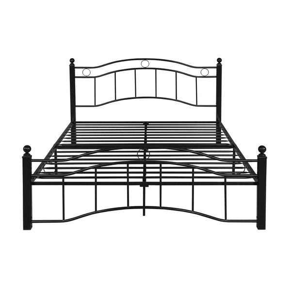 English Elm Queen Iron Platform Bed Camelback Headboard Geometric Finial Posts Victorian Loft Style Black 63298.00FBLK-Q