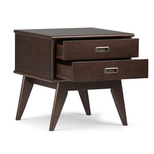 English Elm Draper Mid-Century Side Table - Handcrafted Solid Rubberwood With 2 Drawers In Medium Auburn Brown B136P158149