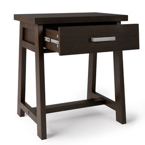 English Elm Sawhorse Handcrafted Bedside Table in Dark Chestnut Brown – Solid Wood, Drawer, Industrial Retro Design B136P159583