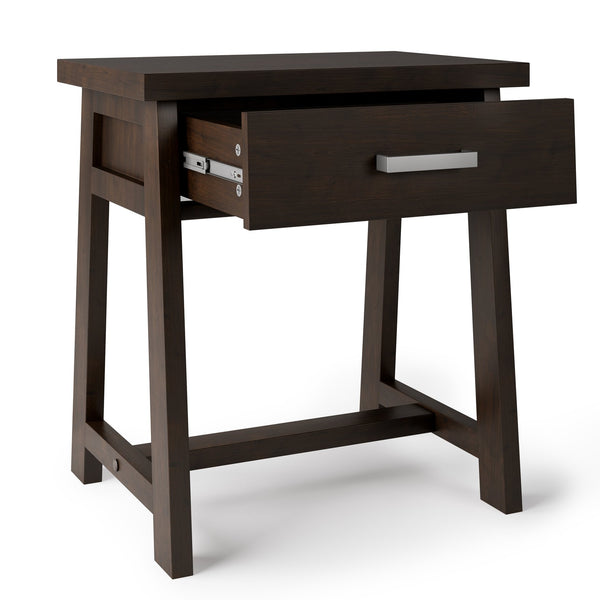 English Elm Sawhorse Handcrafted Bedside Table in Dark Chestnut Brown – Solid Wood, Drawer, Industrial Retro Design B136P159583