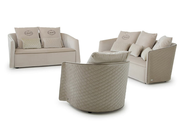VIG Furniture Talin Horseshoe Quilted Beige Velour Sofa Set — 3-Piece Modern Glam With Brown Piping & Pillows VGUNCK006