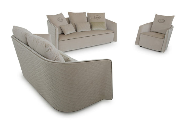 VIG Furniture Talin Horseshoe Quilted Beige Velour Sofa Set — 3-Piece Modern Glam With Brown Piping & Pillows VGUNCK006