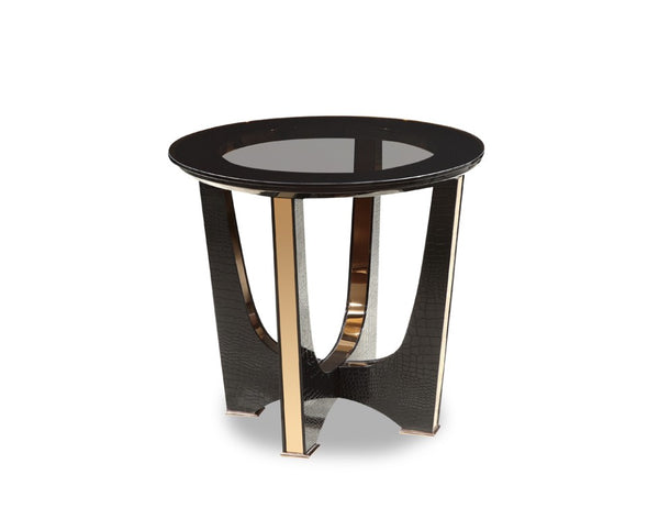 VIG Furniture Talin Crocodile-Embossed Black End Table With Rose Gold Accents & Smoked Tempered Glass Top — Glam Modern Centerpiece VGUNCK813-60