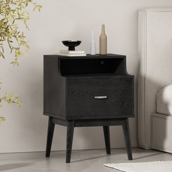 English Elm Christopher Knight Home® - DISA Mid-Century 1-Drawer Nightstand in Black Faux Wood with Splayed Legs, Silver Pull, Compact Storage 71156.00BLK