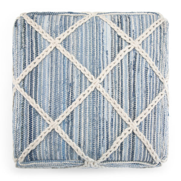 English Elm Cowan Handcrafted Square Pouf in Blue and Natural Woven Wool-Cotton with Diamond Stitching, Supportive Seat (20") Light Blue B136P159312