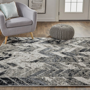 Feizy Rugs Micah Modern Low Pile Chevron Area Rug - Soft, Stain Resistant, Perfect For High Traffic Spaces Black,Gray,Silver Polyester,Polypropylene 6943048fgryslvg22