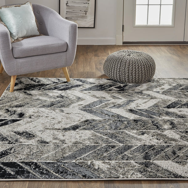 Feizy Rugs Micah Modern Low Pile Chevron Area Rug - Soft, Stain Resistant, Perfect For High Traffic Spaces Black,Gray,Silver Polyester,Polypropylene 6943048fgryslvg22