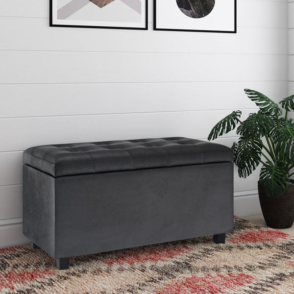 English Elm Cosmopolitan Storage Ottoman - Distressed Black Faux Leather With Hidden Storage & Tufted Top B136P159768