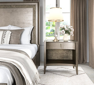 A.R.T. Furniture Cove Queen Panel Storage Bed With Chic Cork Headboard, Dual Drawer Footboard & Glam Mica Finish Grey Rubberwood Solids,Primavera Veneers,Cork,Metal 349135-2743