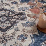 Nourison Brilliance Machine Washable WSB03 Machine Made Power-loomed Ornamental Border Indoor Only Vintage Bohemian Rug Denim, Denim 100% Polyester 99446914231