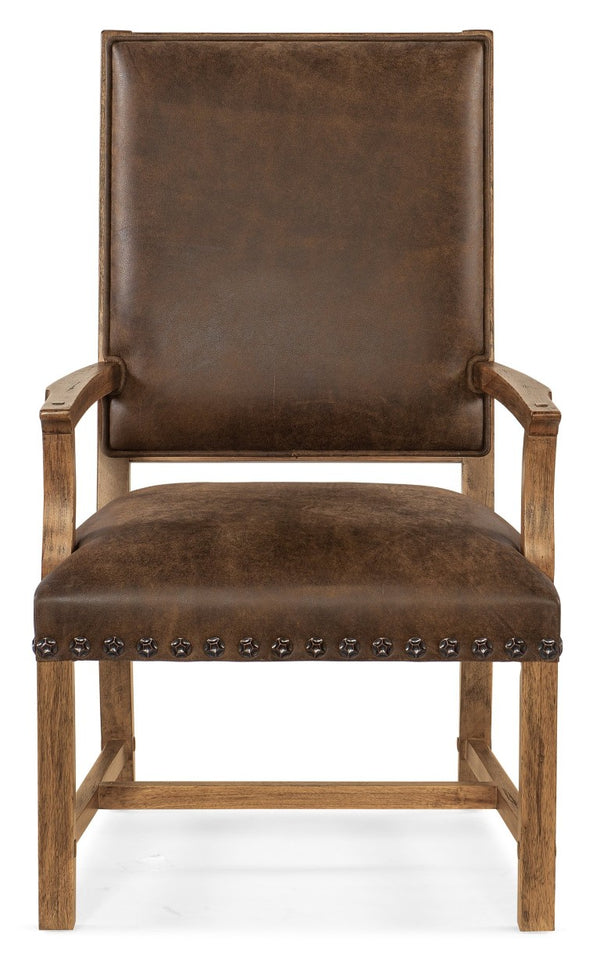 Hooker Furniture Big Sky Host Chair Rustic Aniline Leather Dining Host With Crosshatch Back, Nailhead Trim, Hickory Finish 6700-75300-80