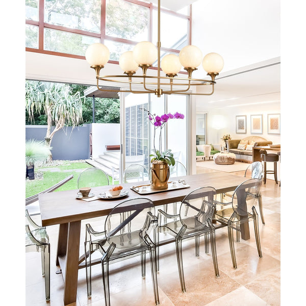 Atlas Beverly Hills 38" Wide 6-Light Linear Chandelier - Retro Chic Satin Brass with White Globe Shades CL11006-BS