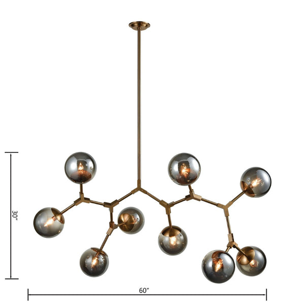 Atlas Synapse 60'' Wide Modern 9-Light Linear Chandelier in Aged Brass with Sculptural Smoked Glass Orbs CL11035-BS