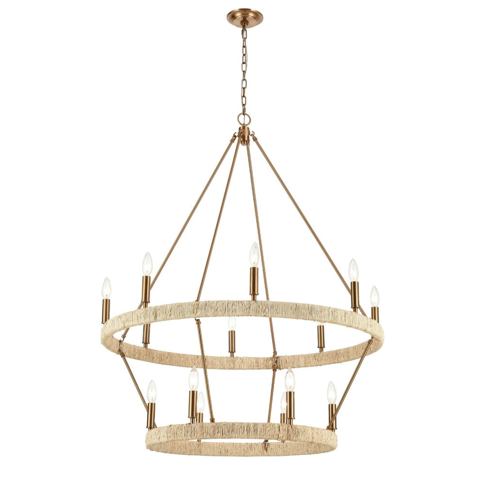 Atlas Abaca 36" Wide 14-Light Chandelier - Hand-Wrapped Natural Fiber with Satin Brass for Elegant Spaces CL11050-BS