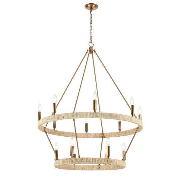 Atlas Abaca 36" Wide 14-Light Chandelier - Hand-Wrapped Natural Fiber with Satin Brass for Elegant Spaces CL11050-BS