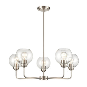 Atlas Astoria Modern 5-Light Chandelier - Midcentury Inspired Design with Clear Glass Globes & Brass Finish Brushed Nickel 28'' CL11057-NK