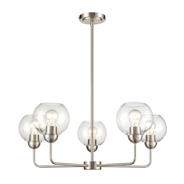 Atlas Astoria Modern 5-Light Chandelier - Midcentury Inspired Design with Clear Glass Globes & Brass Finish Brushed Nickel 28'' CL11057-NK
