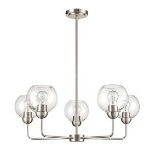 Atlas Astoria Modern 5-Light Chandelier - Midcentury Inspired Design with Clear Glass Globes & Brass Finish Brushed Nickel 28'' CL11057-NK