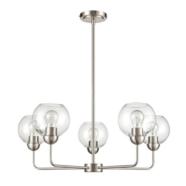Atlas Astoria Modern 5-Light Chandelier - Midcentury Inspired Design with Clear Glass Globes & Brass Finish Brushed Nickel 28'' CL11057-NK