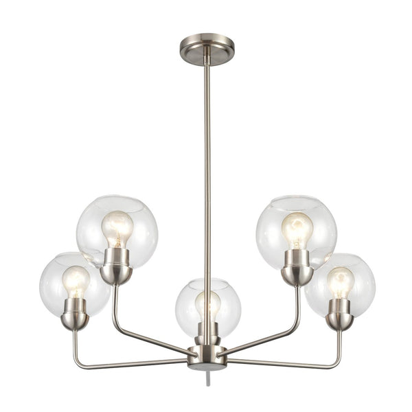 Atlas Astoria Modern 5-Light Chandelier - Midcentury Inspired Design with Clear Glass Globes & Brass Finish Brushed Nickel 28'' CL11057-NK