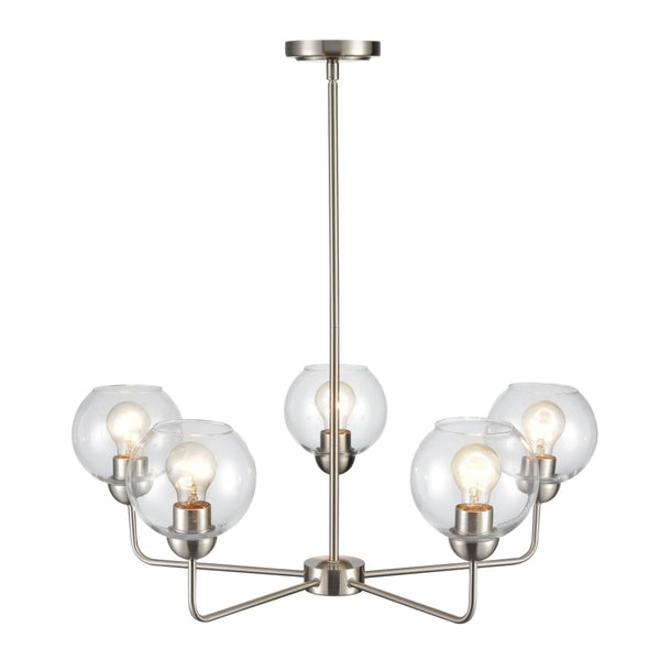 Atlas Astoria Modern 5-Light Chandelier - Midcentury Inspired Design with Clear Glass Globes & Brass Finish Brushed Nickel 28'' CL11057-NK