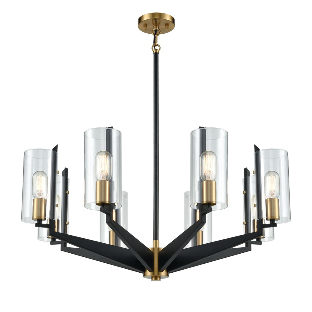 Atlas Blakeslee 33'' Wide 8-Light Chandelier – Modern Matte Black Fixture with Glass Cylinders & Brass Accents CL11084-BK