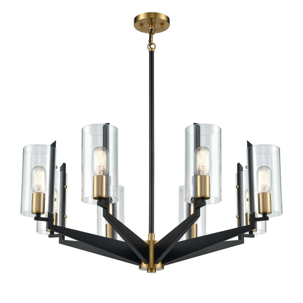 Atlas Blakeslee 33'' Wide 8-Light Chandelier – Modern Matte Black Fixture with Glass Cylinders & Brass Accents CL11084-BK