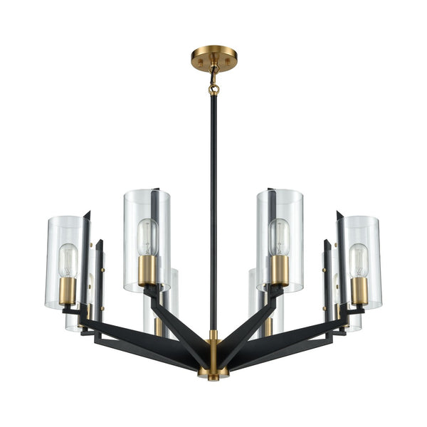 Atlas Blakeslee 33'' Wide 8-Light Chandelier – Modern Matte Black Fixture with Glass Cylinders & Brass Accents CL11084-BK