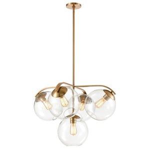 Atlas Collective Mid-Century Modern 5-Light Chandelier with Elegant Glass Globes for Stylish Interiors Satin Brass 28'' CL11128-BS