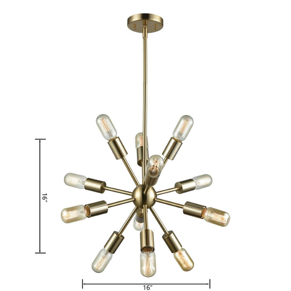 Atlas Delphine 12-Light Starburst Chandelier - Modern Elegance for Contemporary & Mid-Century Spaces Satin Brass 16'' CL11146-BS