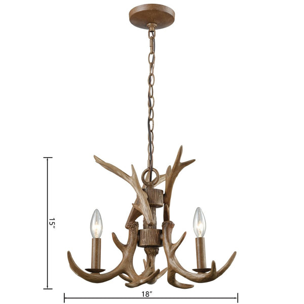 Atlas Elk 3-Light Antler Chandelier – Rustic Lodge Lighting for Dining Rooms and Cozy Living Spaces Wood Tone 18'' CL11160-BN