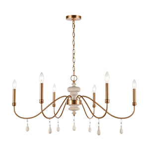 Atlas French Connection 38'' Wide 6-Light Chandelier - Rustic Elegance for Dining Room and Living Spaces Satin Brass CL11183-BS