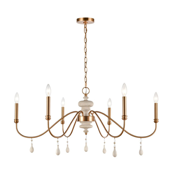 Atlas French Connection 38'' Wide 6-Light Chandelier - Rustic Elegance for Dining Room and Living Spaces Satin Brass CL11183-BS