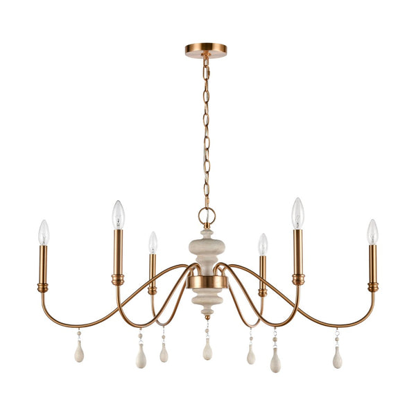 Atlas French Connection 38'' Wide 6-Light Chandelier - Rustic Elegance for Dining Room and Living Spaces Satin Brass CL11183-BS