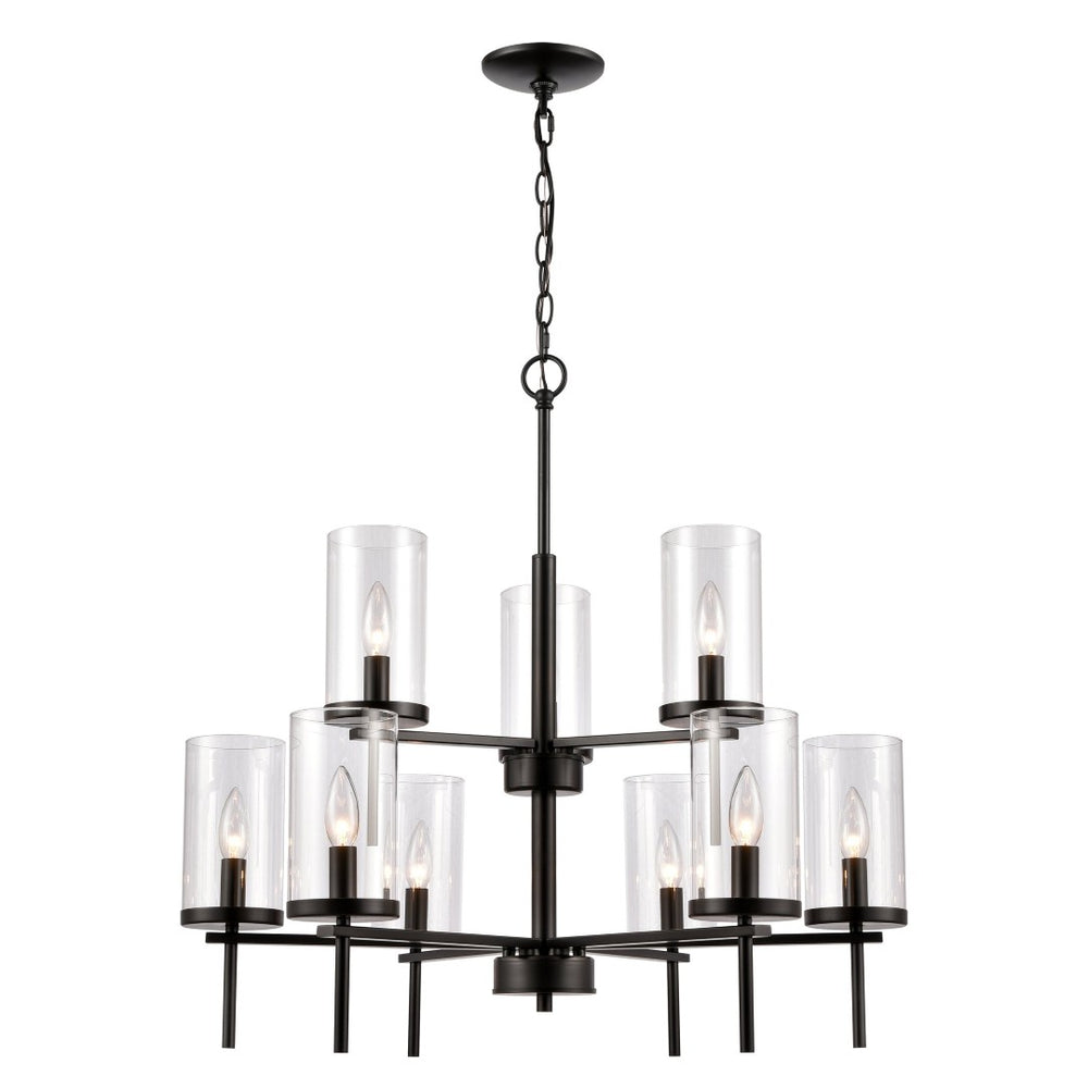 Atlas Oakland 28.5" Wide Modern 9-Light Chandelier - Elegant Black Metal with Cylindrical Glass Shades CL11279-BK