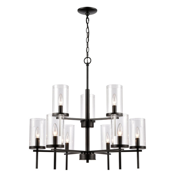 Atlas Oakland 28.5" Wide Modern 9-Light Chandelier - Elegant Black Metal with Cylindrical Glass Shades CL11279-BK