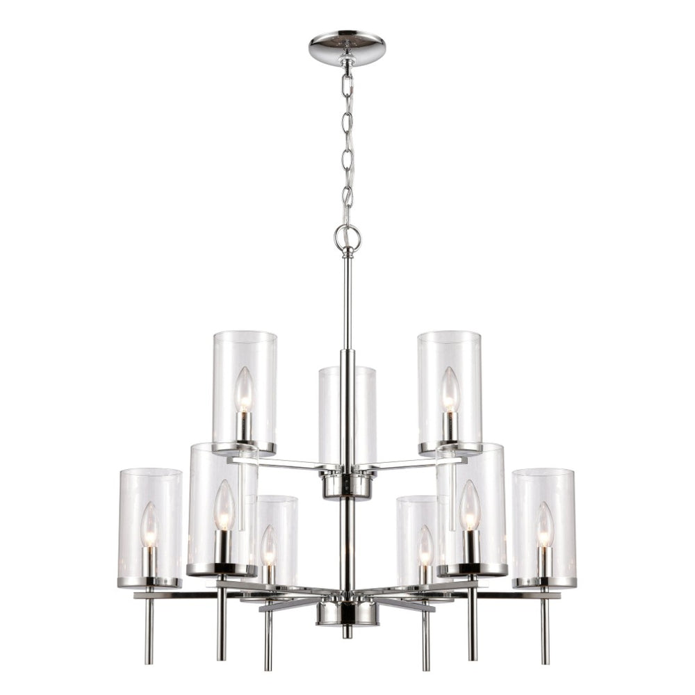 Atlas Oakland 28.5'' Contemporary 9-Light Chandelier - Chrome Finish, Cylindrical Glass Shades, Modern Elegance CL11279-CH