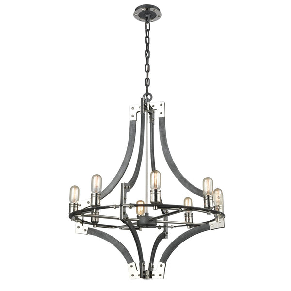 Atlas Riveted 28'' Wide 8-Light Chandelier - Industrial Elegance in Silverdust Iron with Polished Accents CL11315-SV