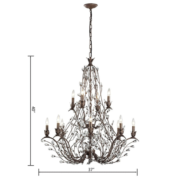 Atlas Sagemore 37'' Wide 12-Light Chandelier - Rustic Bronzed Elegance with Crystal Accents & Vines CL11321-BZ