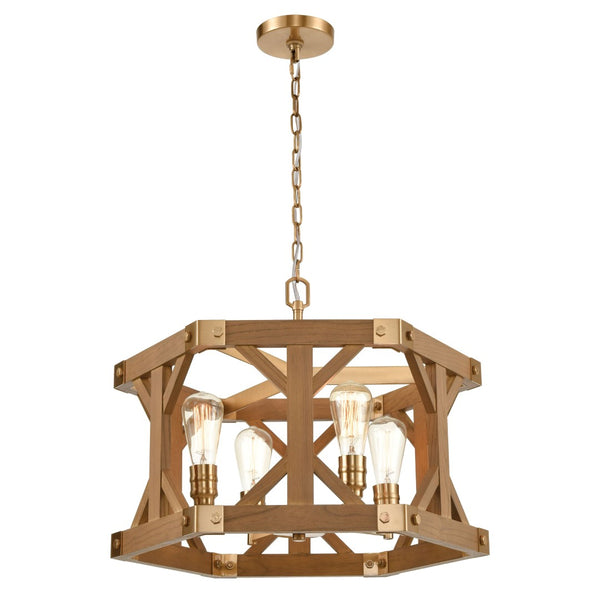 Atlas Structure 23" Wide 4-Light Chandelier - Rustic Post-and-Beam Design with Satin Brass & Oak Accents CL11353-BS