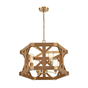 Atlas Structure 23" Wide 4-Light Chandelier - Rustic Post-and-Beam Design with Satin Brass & Oak Accents CL11353-BS