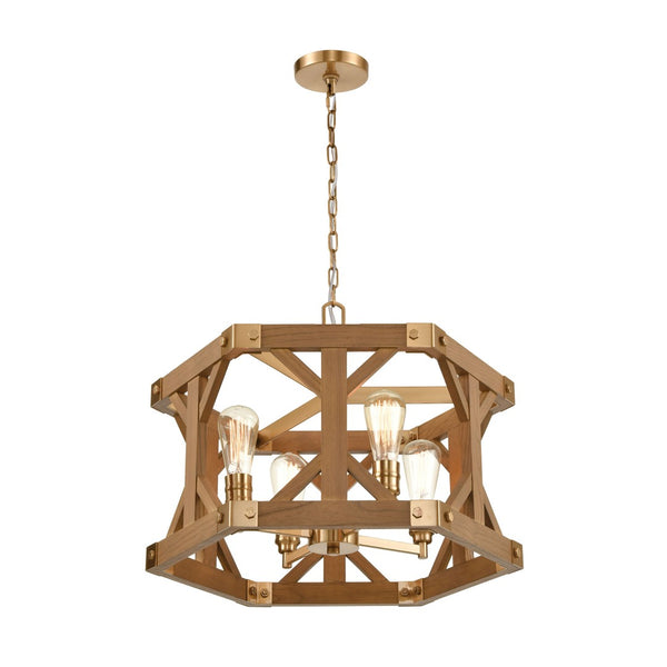 Atlas Structure 23" Wide 4-Light Chandelier - Rustic Post-and-Beam Design with Satin Brass & Oak Accents CL11353-BS
