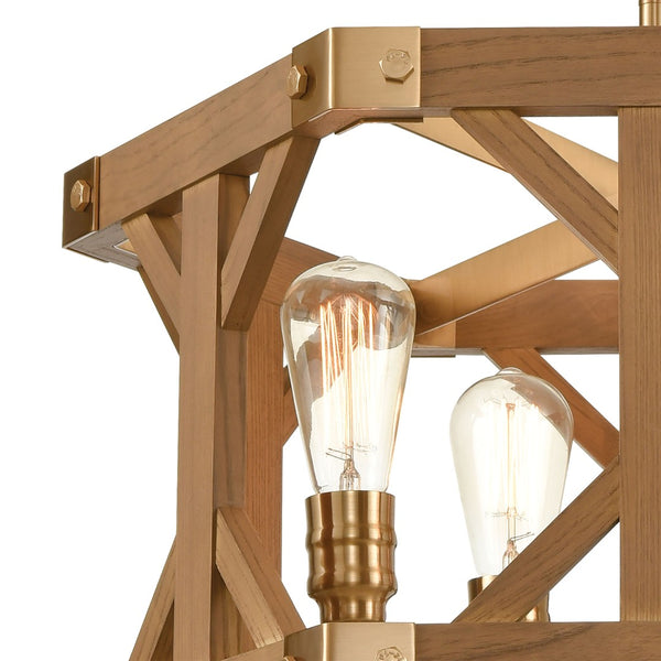 Atlas Structure 23" Wide 4-Light Chandelier - Rustic Post-and-Beam Design with Satin Brass & Oak Accents CL11353-BS