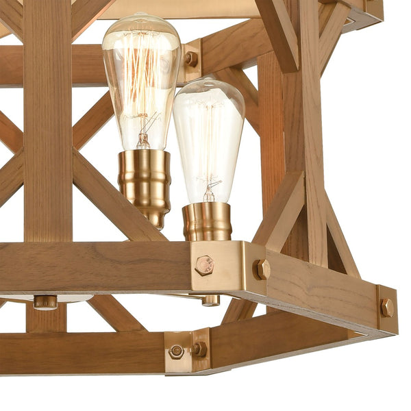 Atlas Structure 23" Wide 4-Light Chandelier - Rustic Post-and-Beam Design with Satin Brass & Oak Accents CL11353-BS