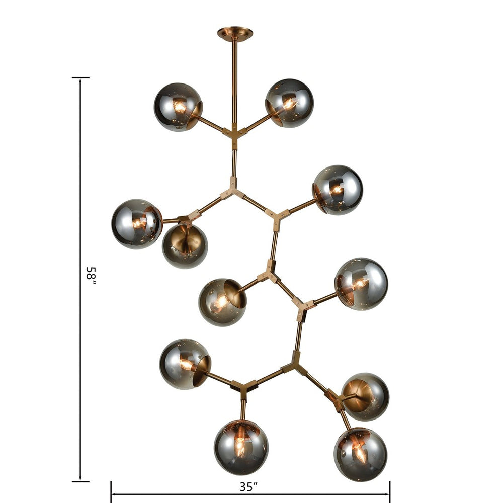 Atlas Synapse 35'' Wide 11-Light Aged Brass Chandelier - Modern Hexagonal Design with Smoked Glass Orbs CL11356-BS