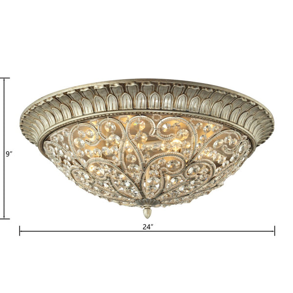 Atlas Andalusia 8-Light Flush Mount Ceiling Fixture – Luxurious Crystal Accents and Decorative Filigree Design Aged Silver 24'' CL11417-SV