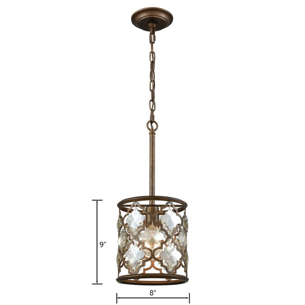 Atlas Armand 8" Wide 1-Light Mini Pendant - Elegant Crystal Accents & Laser-Cut Metal Design for Foyers Weathered Bronze CL11529-BZ